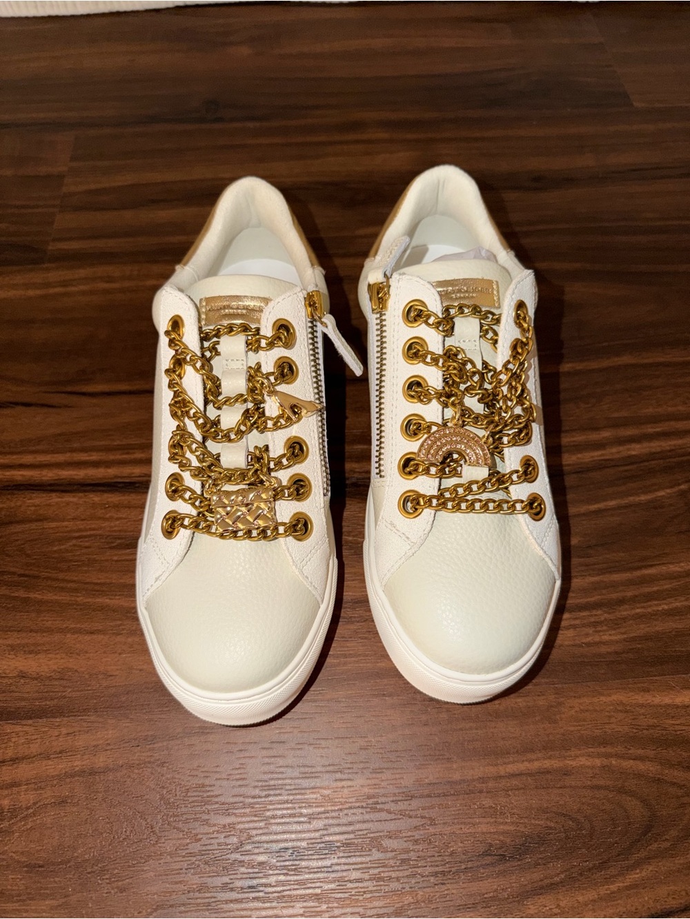 Kurt Geiger White Leather Sneakers with Gold Chain Trim